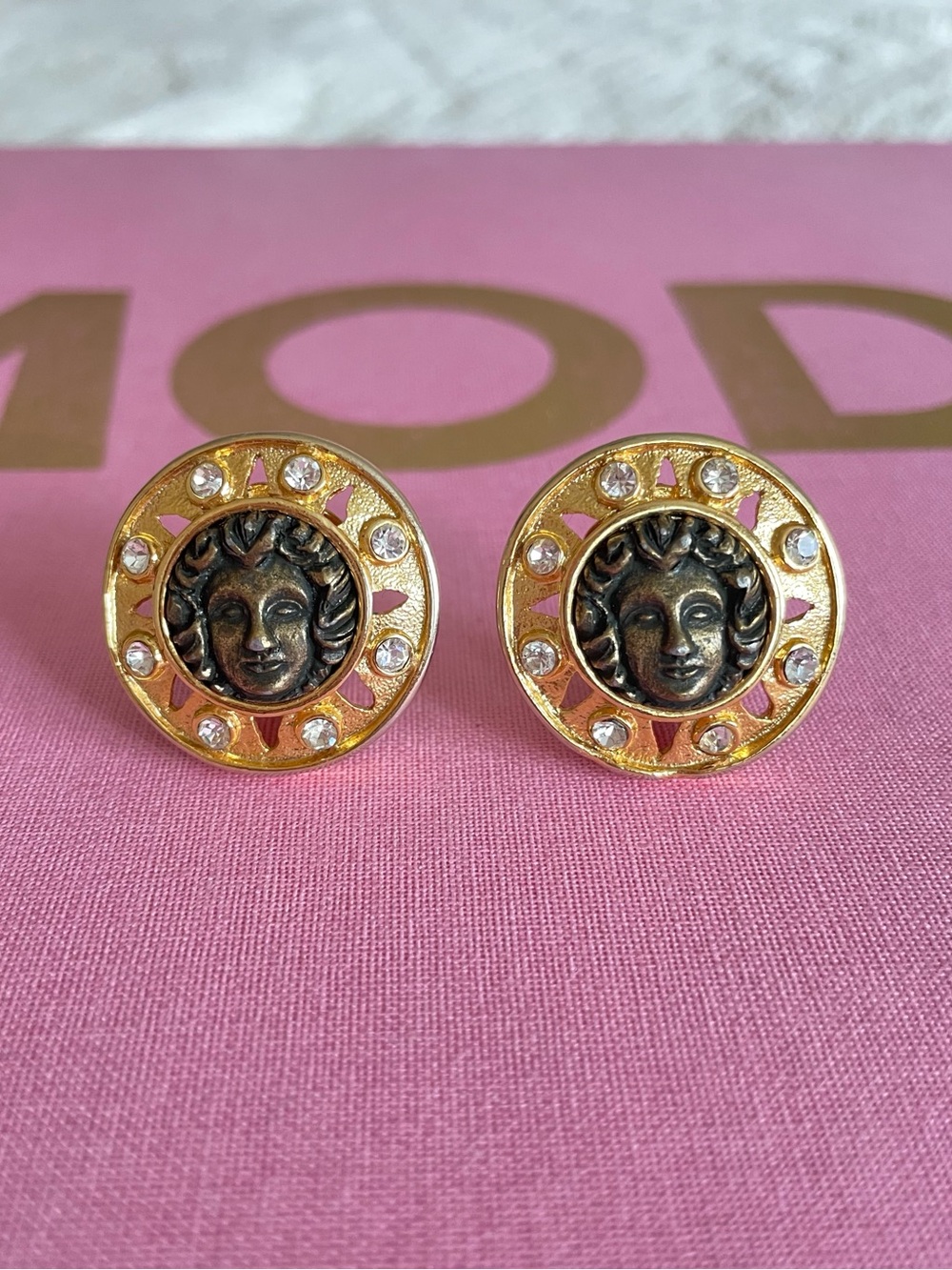 Vintage 90s Medusa Face Gold Tone & Crystal Clip-On Statement Earrings